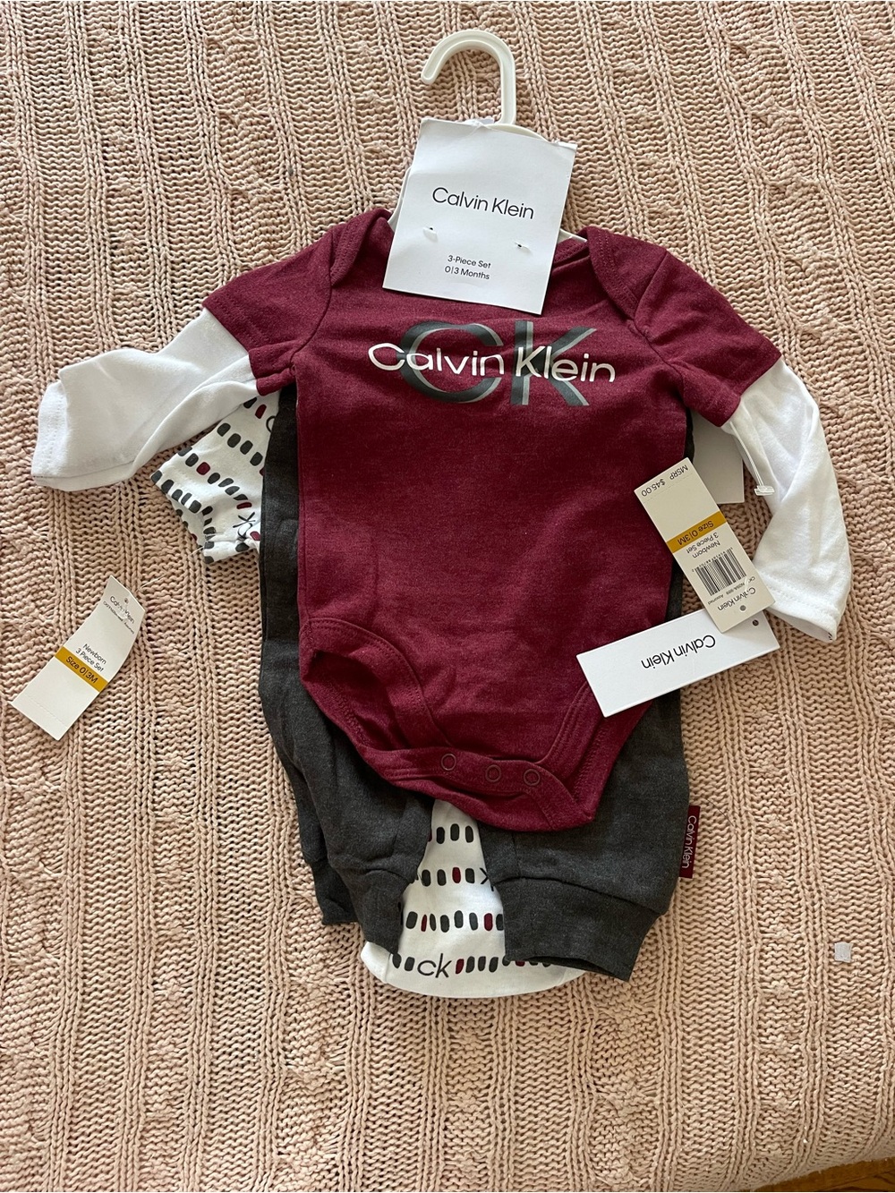 Calvin Klein Burgundy, White & Charcoal Baby Bodysuit Set
